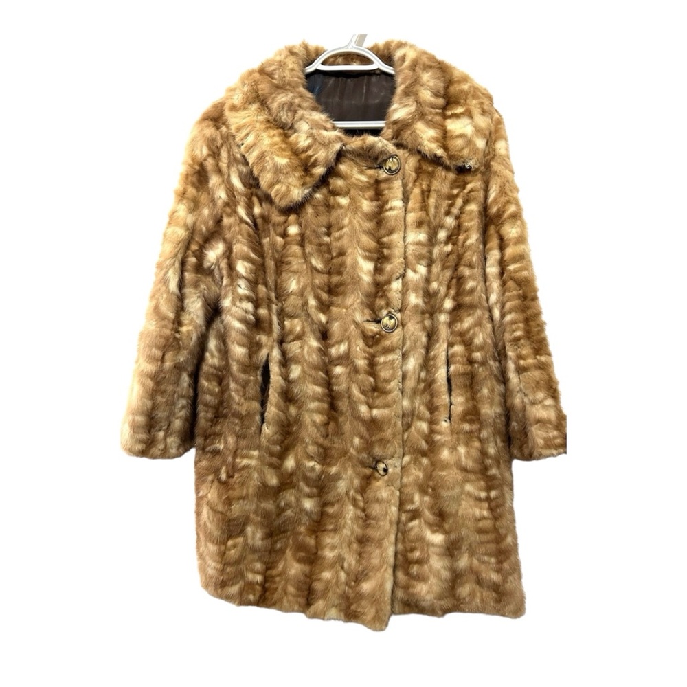 60s Patchwork Blond Mink 3/4 Coat Embroidered Satin Lining Tiger Eye Buttons XL